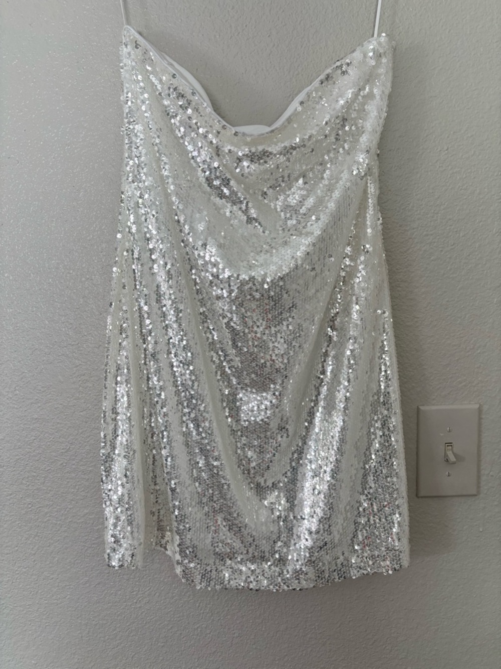 Wayf White/silver sequin strapless dress